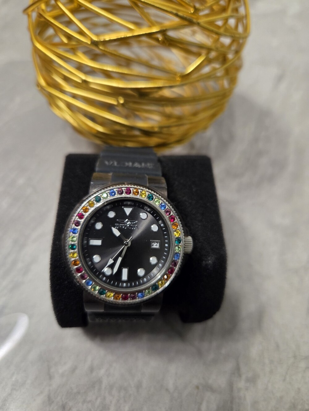 Invicta Black Dial Watch with Rainbow Crystal Bezel